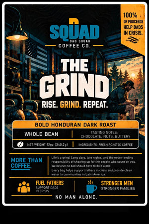 Dad Squad The Grind 12 oz Bold Honduran Dark Roast label artwork